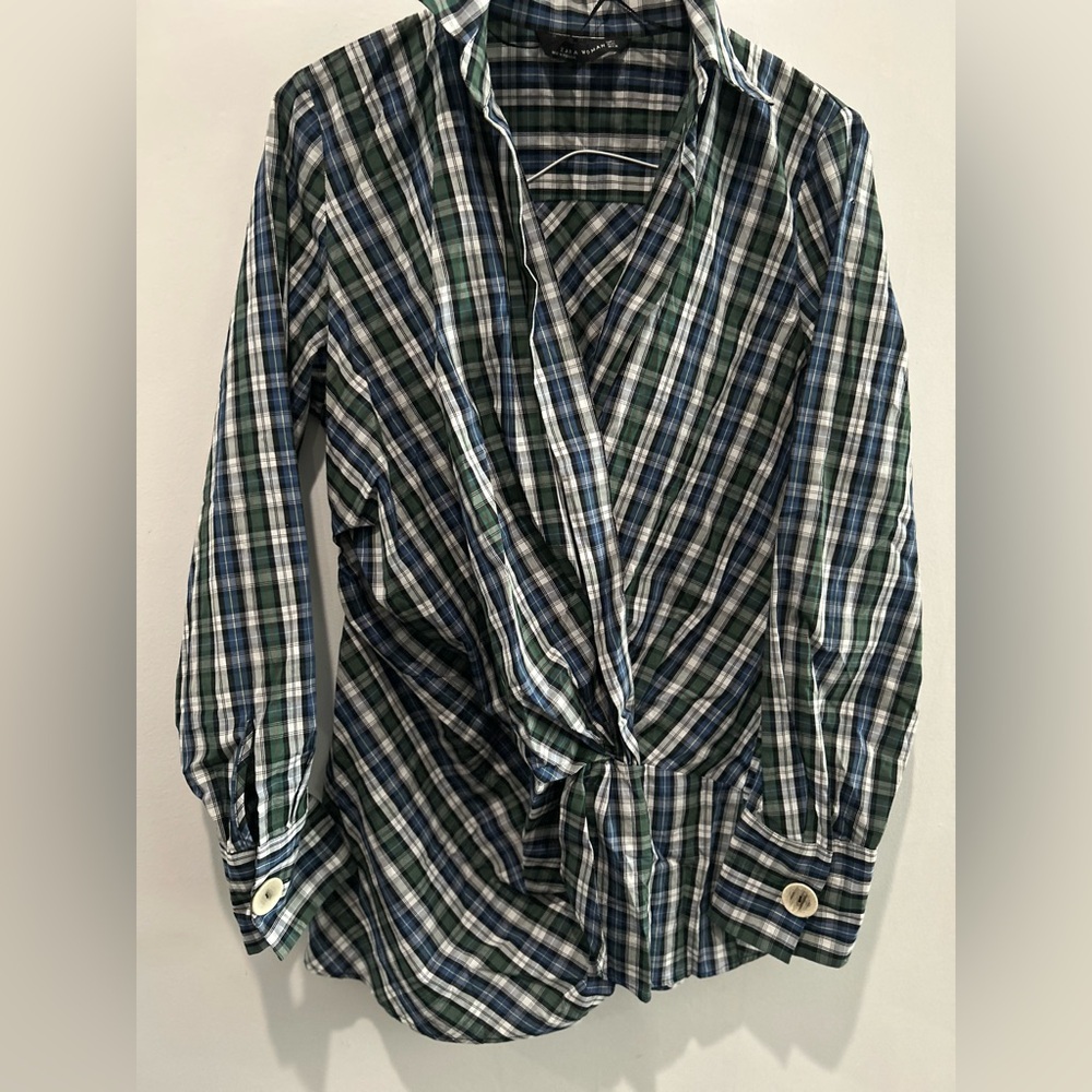 ZARA Woman Plaid Wrap Top Green Blue V-Neck Collared Tunic Blouse Long Sleeve L - Picture 2 of 5